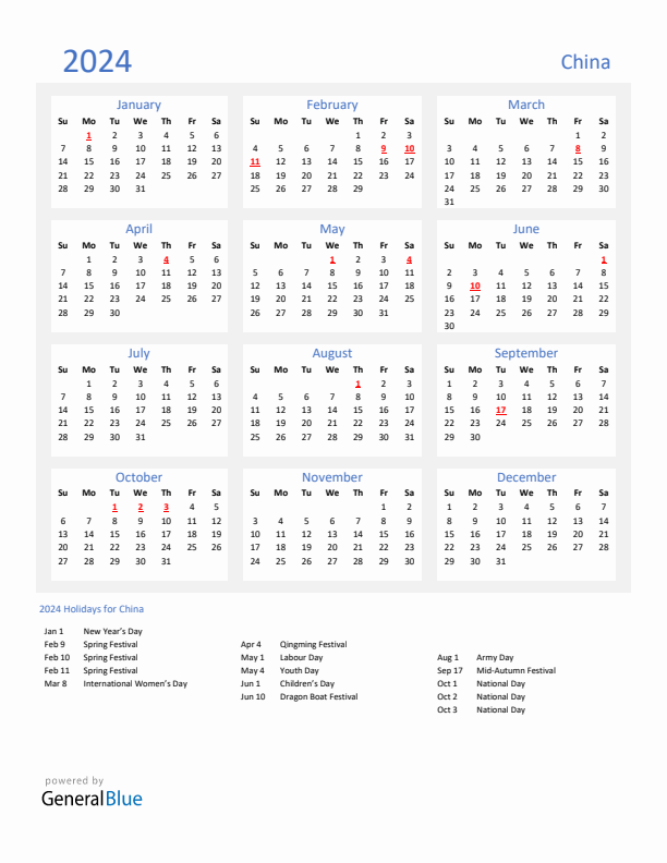 Basic Yearly Calendar with Holidays in China for 2024 