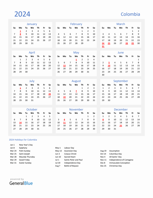 Basic Yearly Calendar with Holidays in Colombia for 2024 