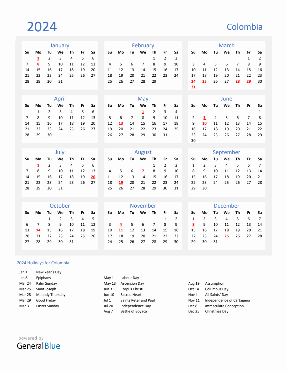 Basic Yearly Calendar with Holidays in Colombia for 2024