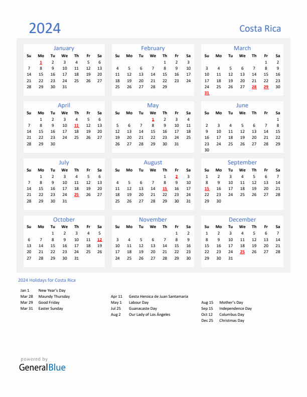 Basic Yearly Calendar with Holidays in Costa Rica for 2024 