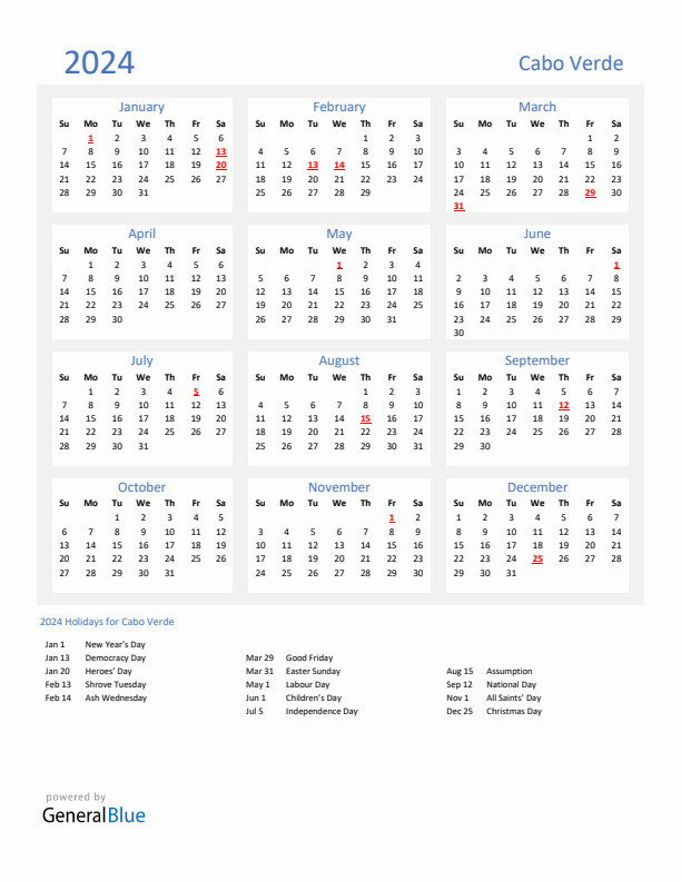 Basic Yearly Calendar with Holidays in Cabo Verde for 2024 