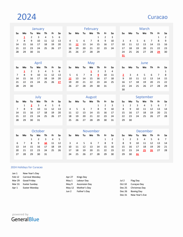 Basic Yearly Calendar with Holidays in Curacao for 2024 