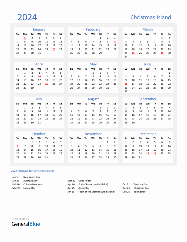 Basic Yearly Calendar with Holidays in Christmas Island for 2024 