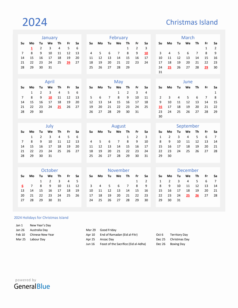 Basic Yearly Calendar with Holidays in Christmas Island for 2024