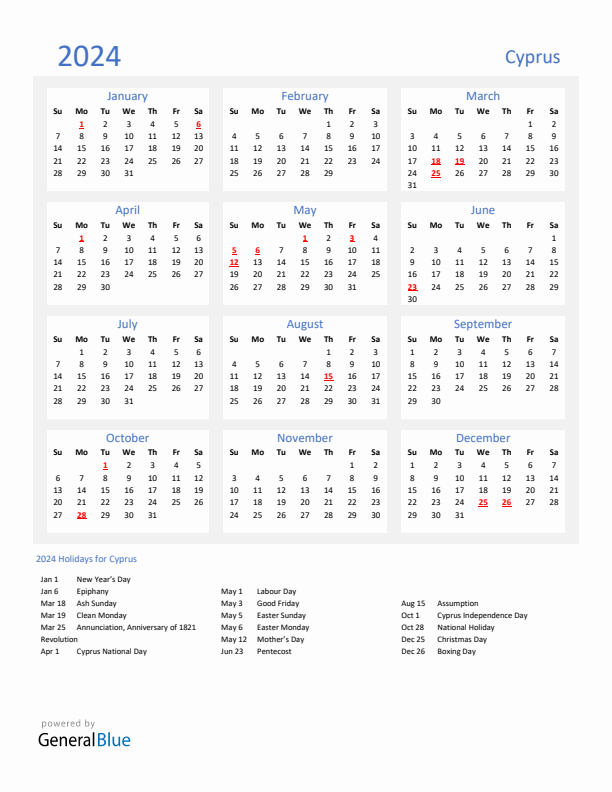 Basic Yearly Calendar with Holidays in Cyprus for 2024 