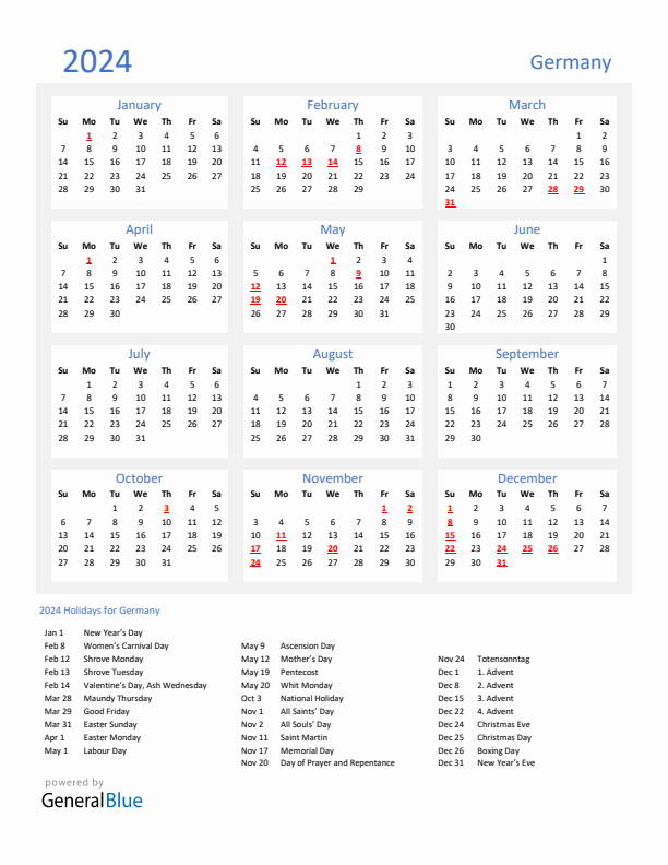Basic Yearly Calendar with Holidays in Germany for 2024 