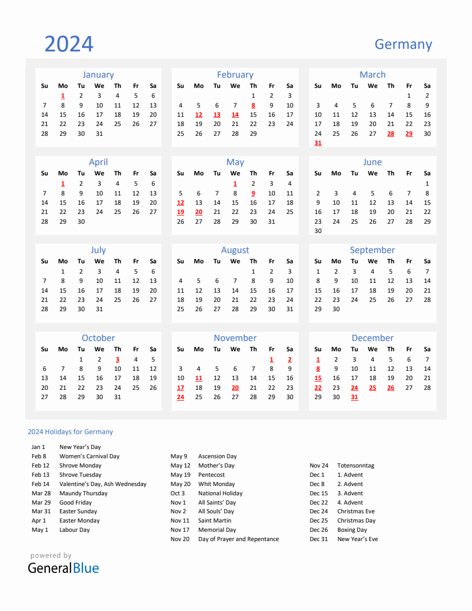 Basic Yearly Calendar with Holidays in Germany for 2024