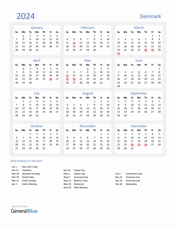 Basic Yearly Calendar with Holidays in Denmark for 2024 