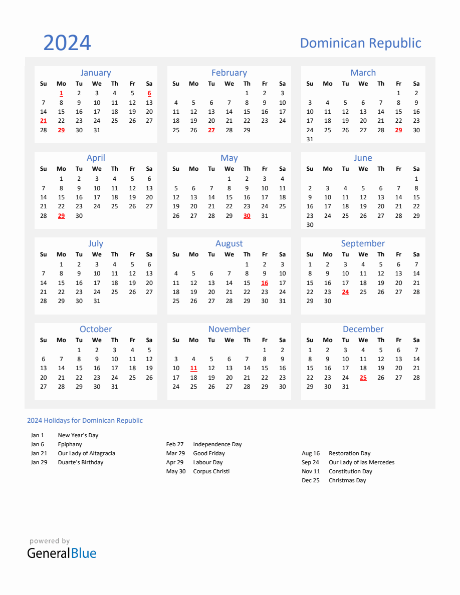 Basic Yearly Calendar with Holidays in Dominican Republic for 2024