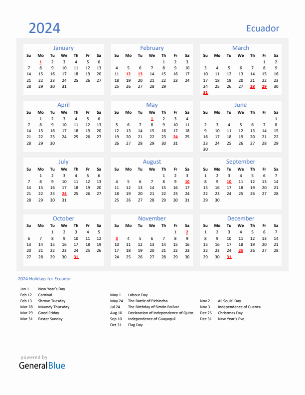 Basic Yearly Calendar with Holidays in Ecuador for 2024 