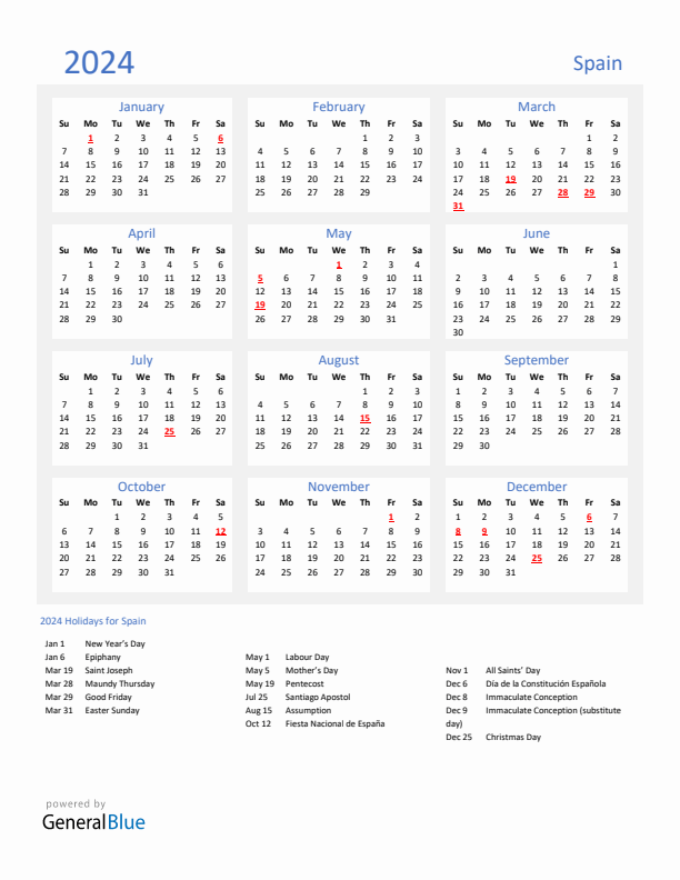 Basic Yearly Calendar with Holidays in Spain for 2024 