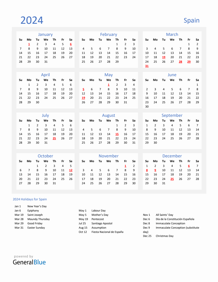 Basic Yearly Calendar with Holidays in Spain for 2024