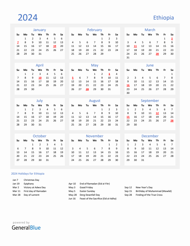 Basic Yearly Calendar with Holidays in Ethiopia for 2024 