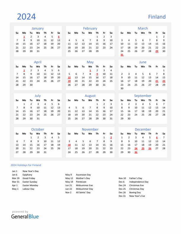 Basic Yearly Calendar with Holidays in Finland for 2024 