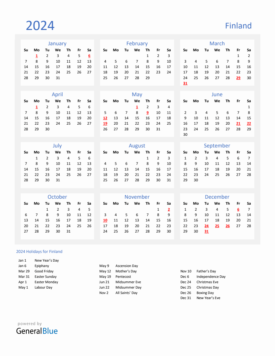 Basic Yearly Calendar With Holidays In Finland For 2024   2024 Calendar Basic With Holidays Portrait Sunday Start En Fi 918x1188 