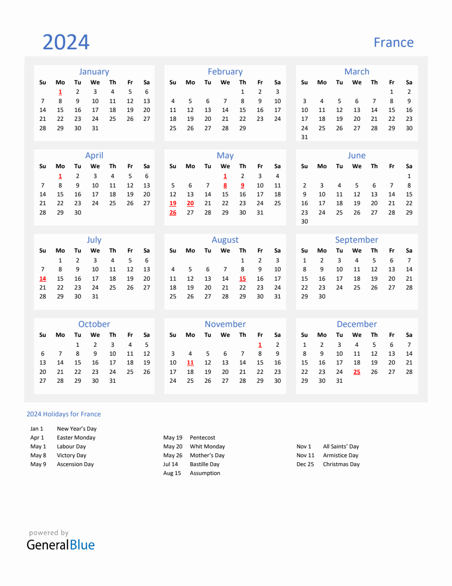 Basic Yearly Calendar with Holidays in France for 2024