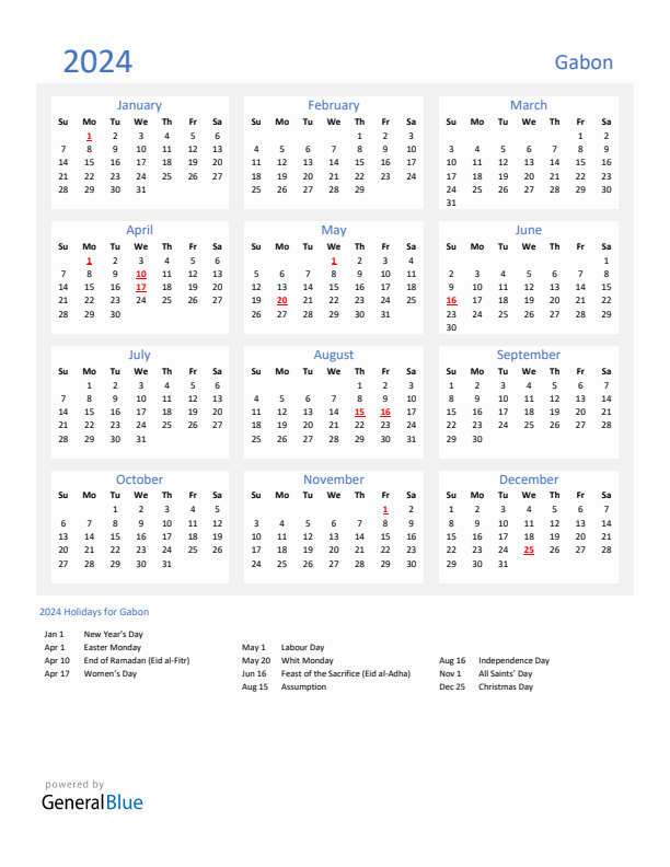 Basic Yearly Calendar with Holidays in Gabon for 2024 