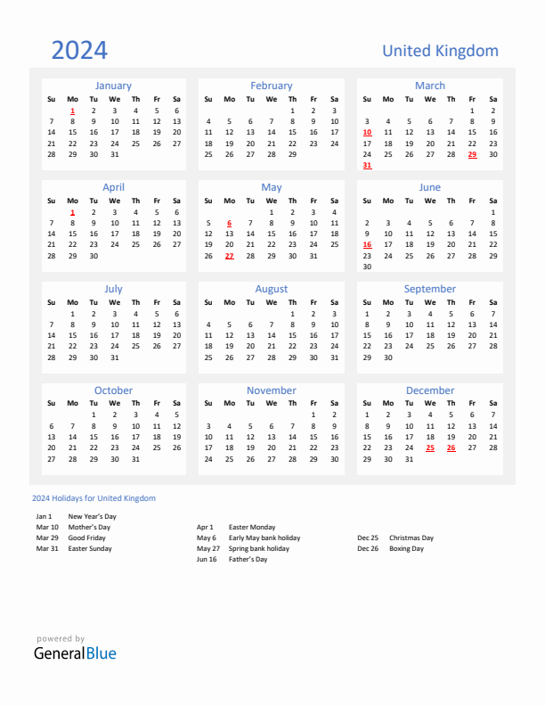 Basic Yearly Calendar with Holidays in United Kingdom for 2024 