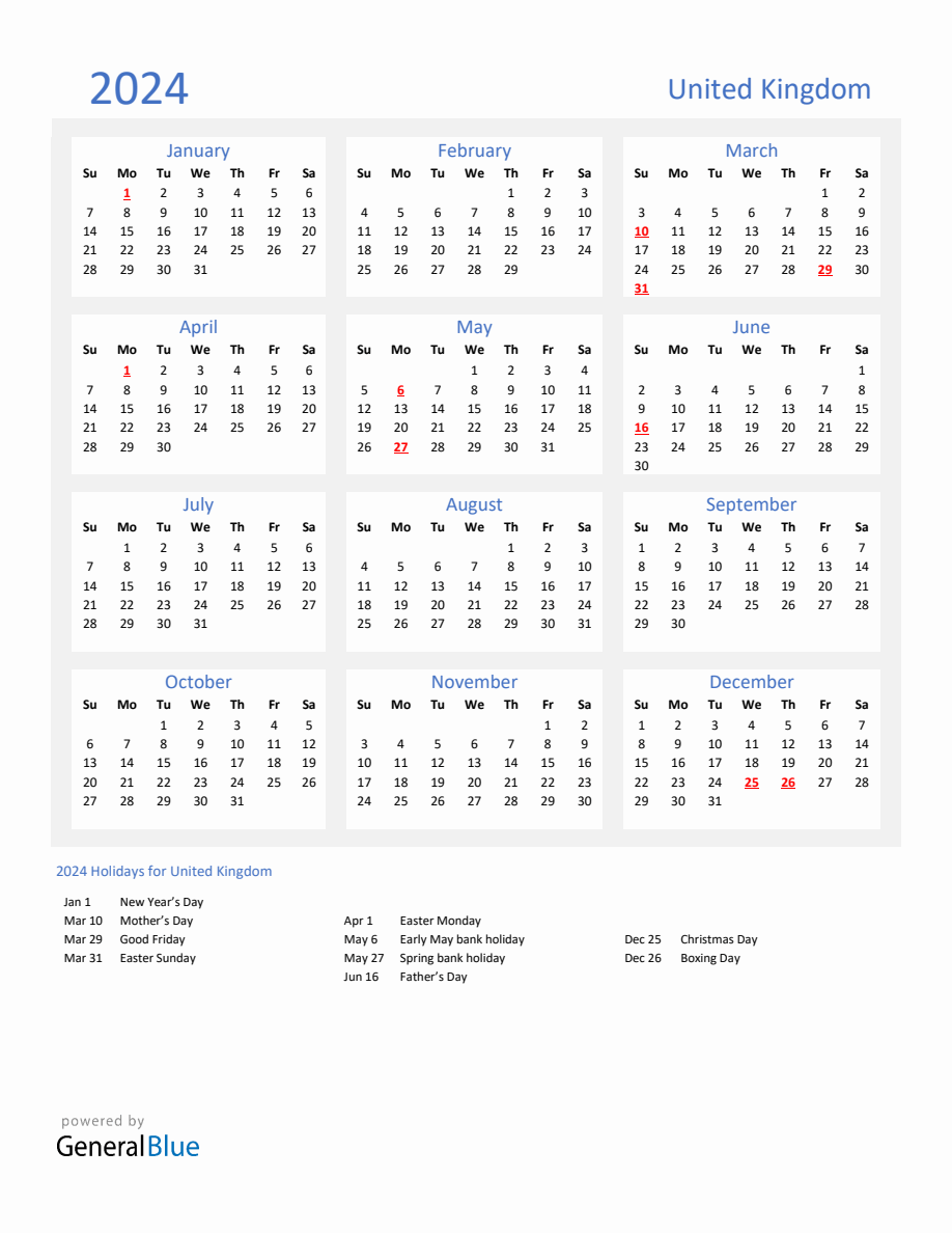 Basic Yearly Calendar with Holidays in United Kingdom for 2024