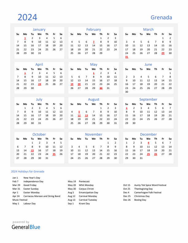 Basic Yearly Calendar with Holidays in Grenada for 2024 