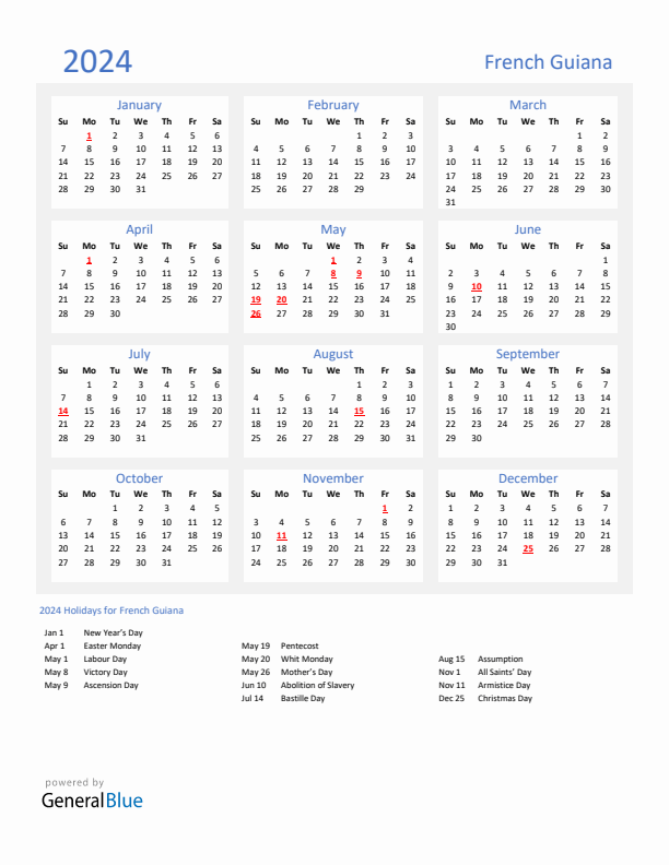Basic Yearly Calendar with Holidays in French Guiana for 2024 