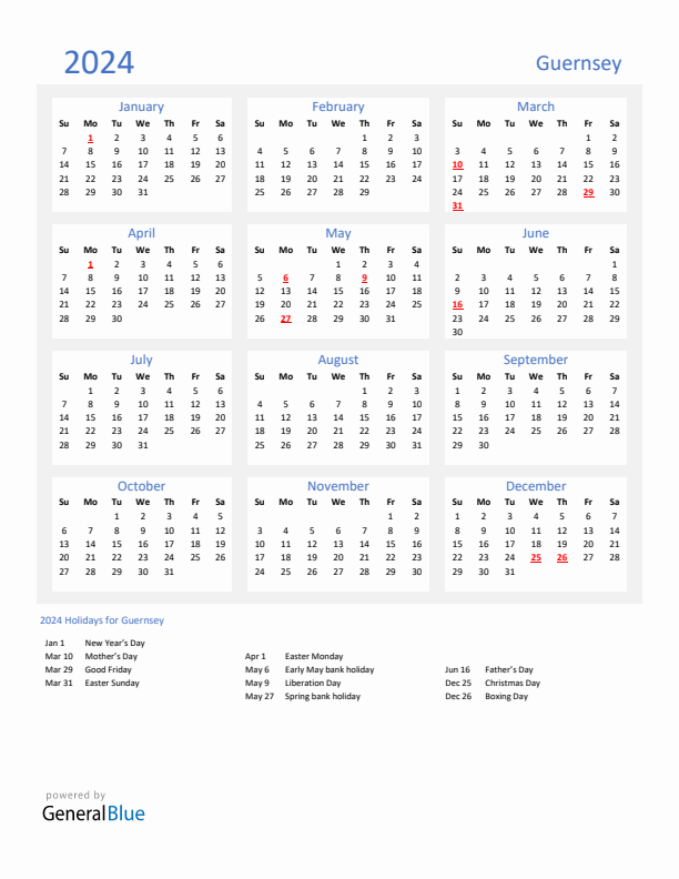 Basic Yearly Calendar with Holidays in Guernsey for 2024 