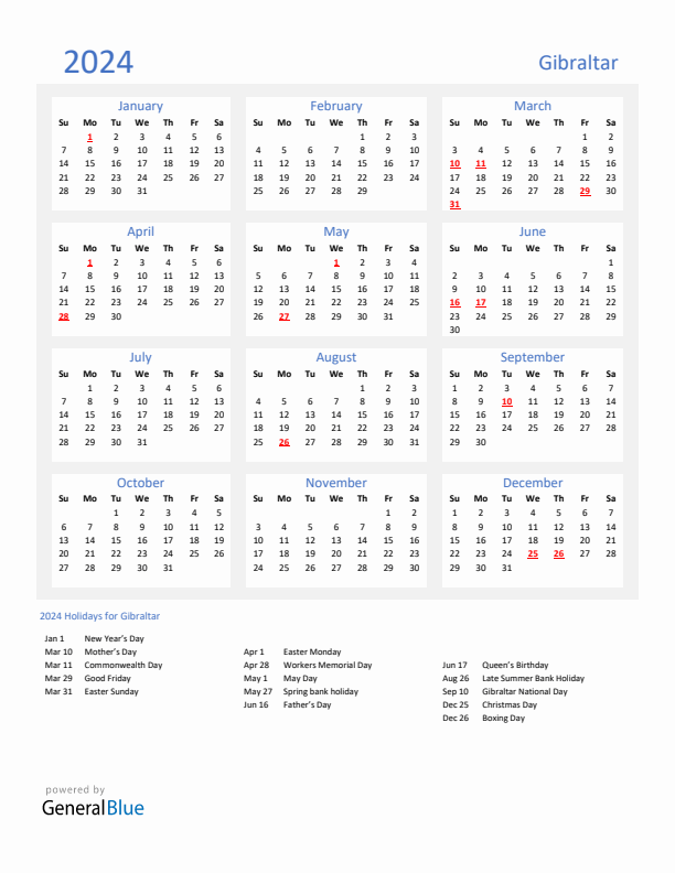 Basic Yearly Calendar with Holidays in Gibraltar for 2024 