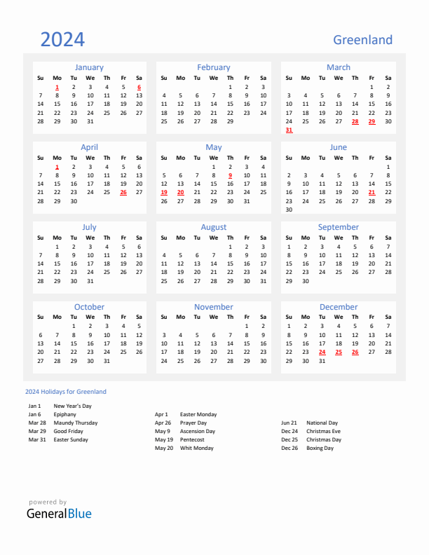 Basic Yearly Calendar with Holidays in Greenland for 2024 