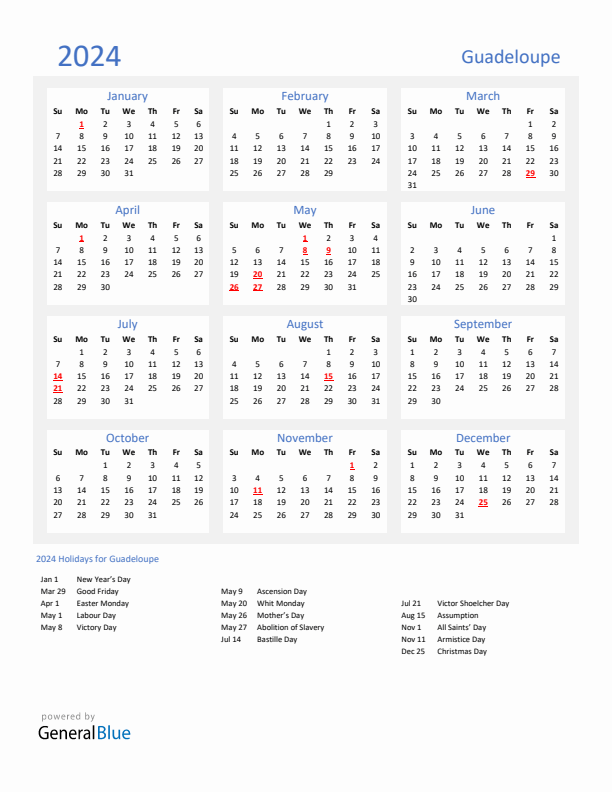 Basic Yearly Calendar with Holidays in Guadeloupe for 2024 