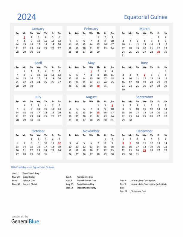 Basic Yearly Calendar with Holidays in Equatorial Guinea for 2024 