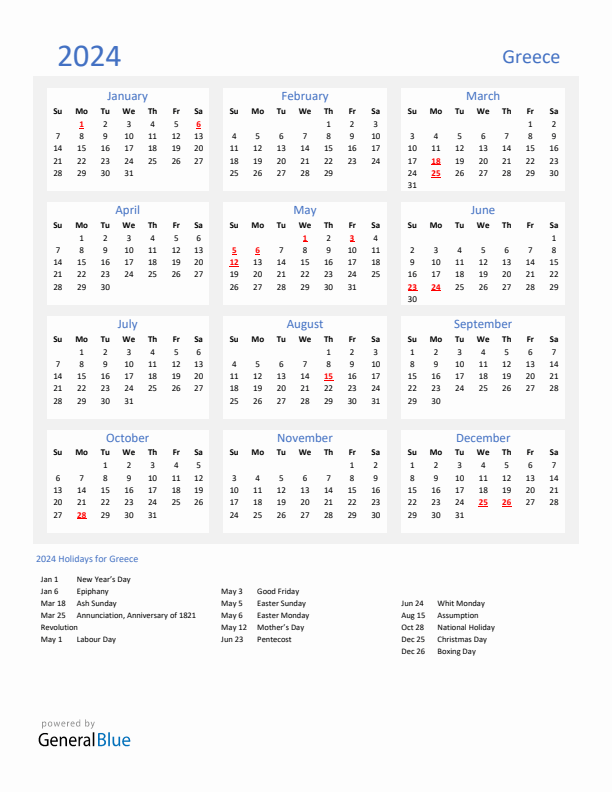 Basic Yearly Calendar with Holidays in Greece for 2024 