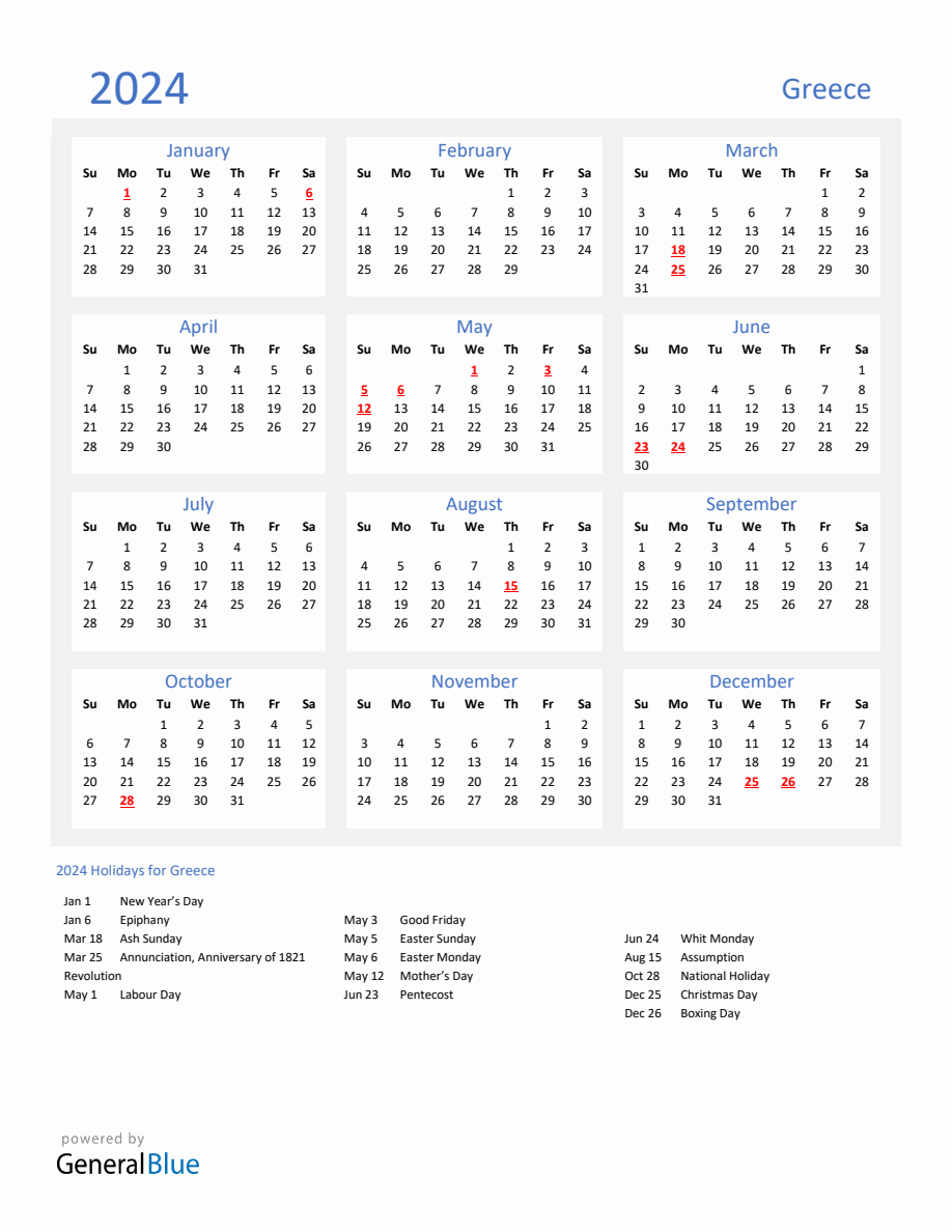 Basic Yearly Calendar with Holidays in Greece for 2024