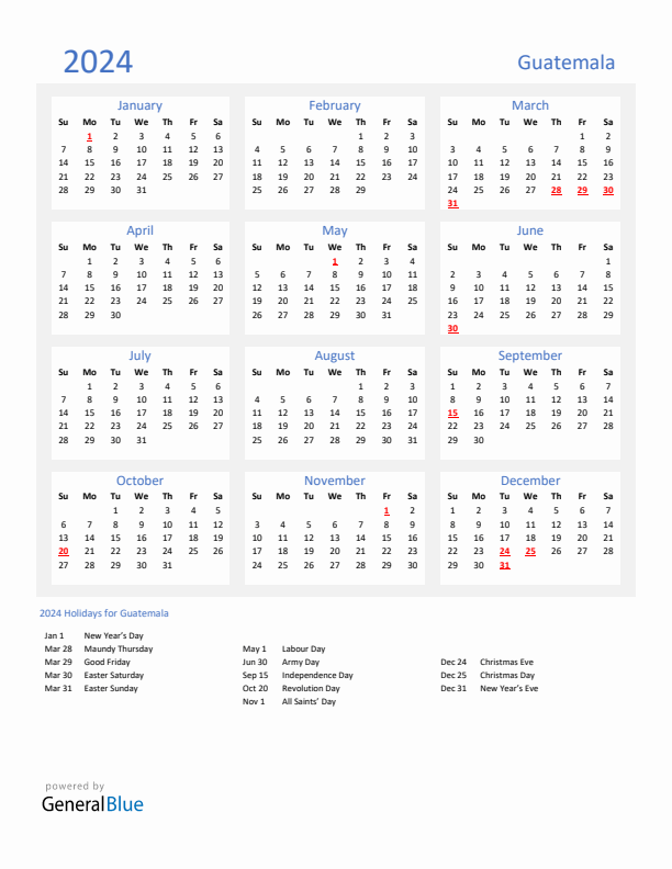 Basic Yearly Calendar with Holidays in Guatemala for 2024 