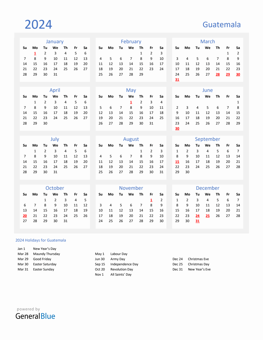 Basic Yearly Calendar With Holidays In Guatemala For 2024   2024 Calendar Basic With Holidays Portrait Sunday Start En Gt 918x1188 