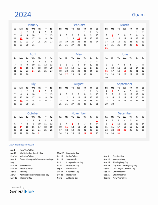 Basic Yearly Calendar with Holidays in Guam for 2024 