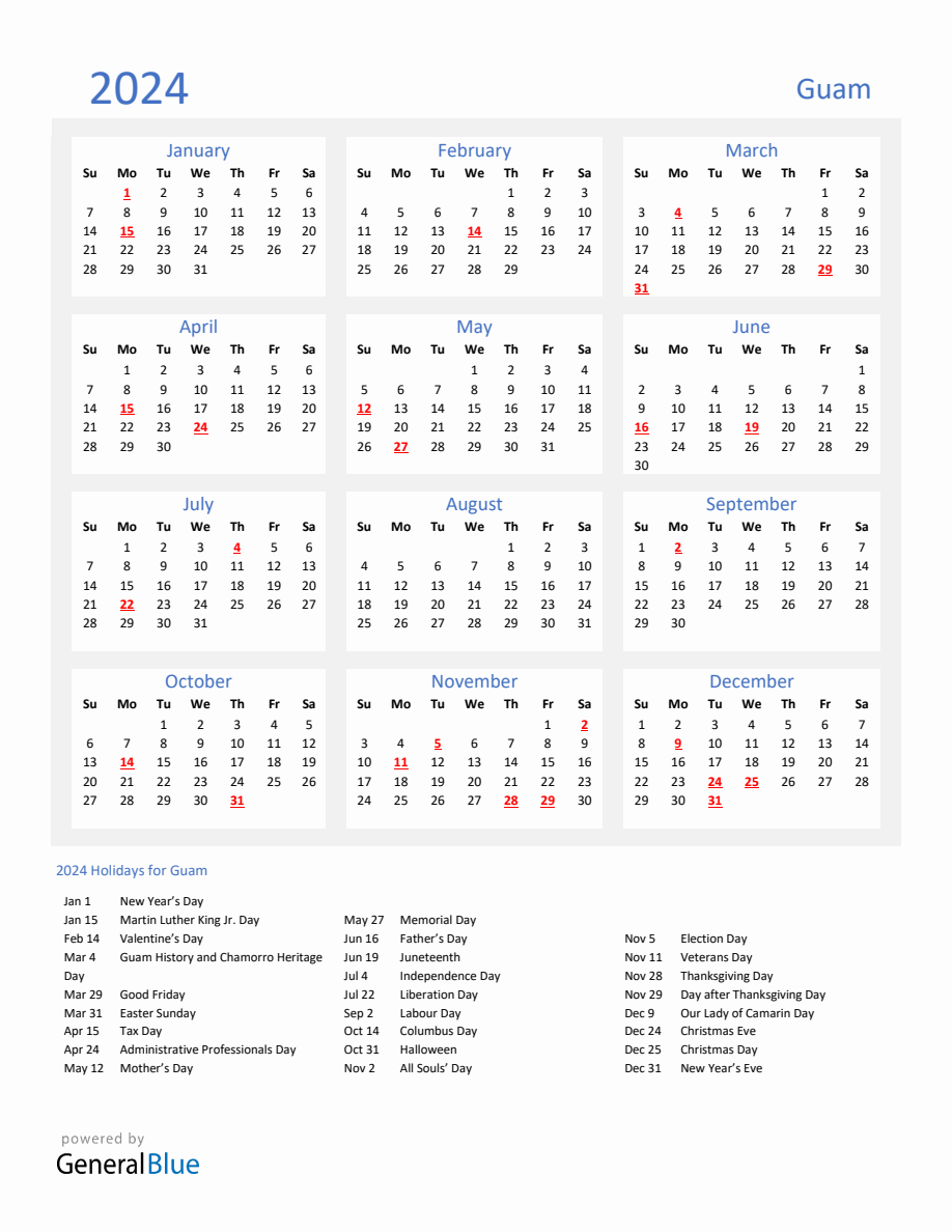 Basic Yearly Calendar with Holidays in Guam for 2024