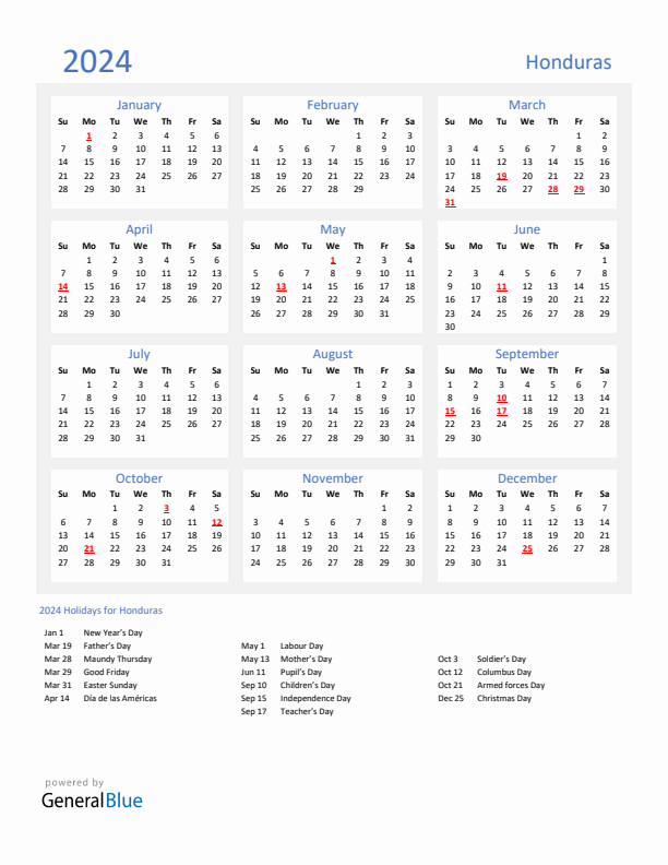 Basic Yearly Calendar with Holidays in Honduras for 2024 