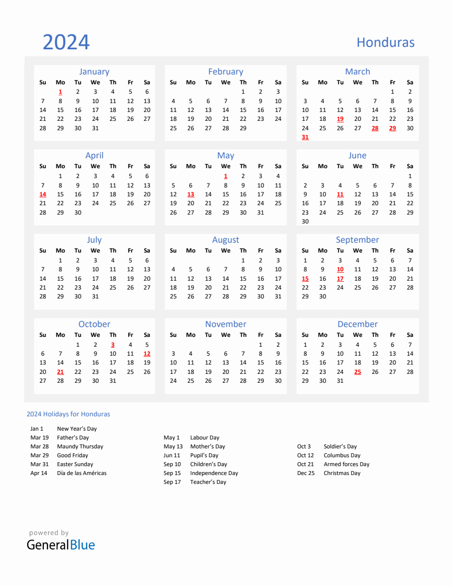 Basic Yearly Calendar With Holidays In Honduras For 2024   2024 Calendar Basic With Holidays Portrait Sunday Start En Hn 918x1188 