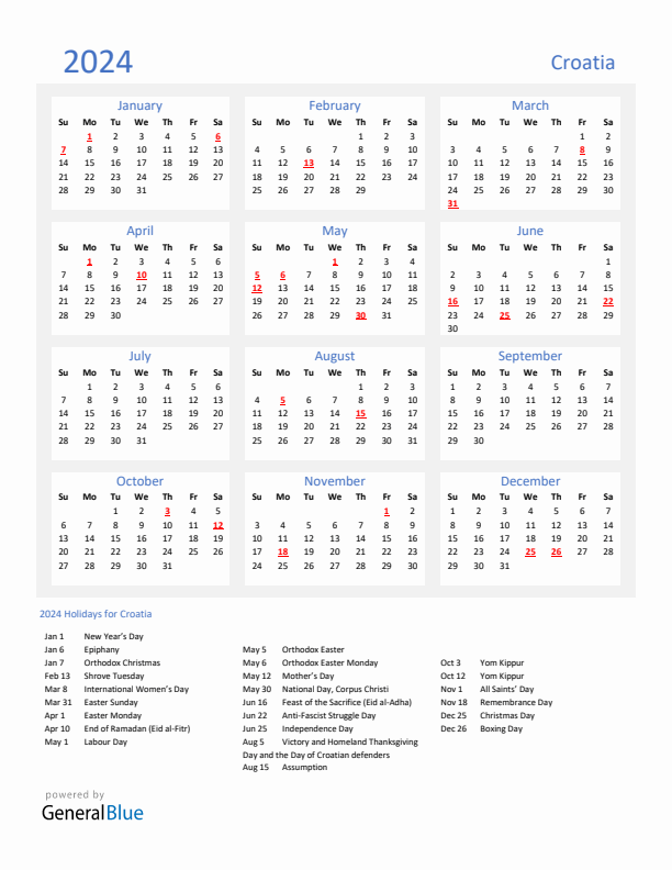 Basic Yearly Calendar with Holidays in Croatia for 2024 