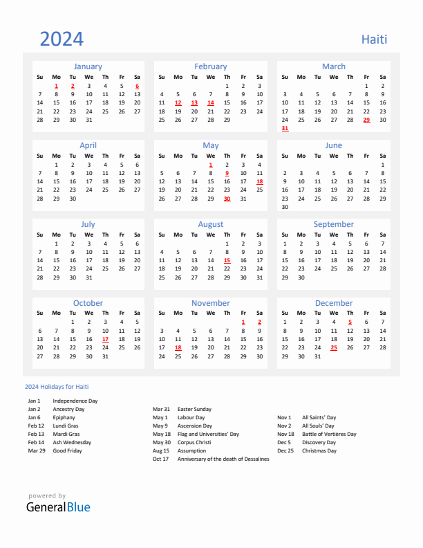 Basic Yearly Calendar with Holidays in Haiti for 2024 