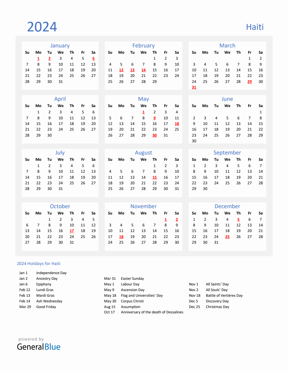 Basic Yearly Calendar with Holidays in Haiti for 2024