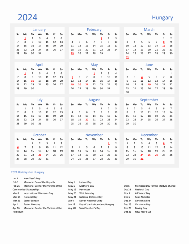 Basic Yearly Calendar with Holidays in Hungary for 2024 