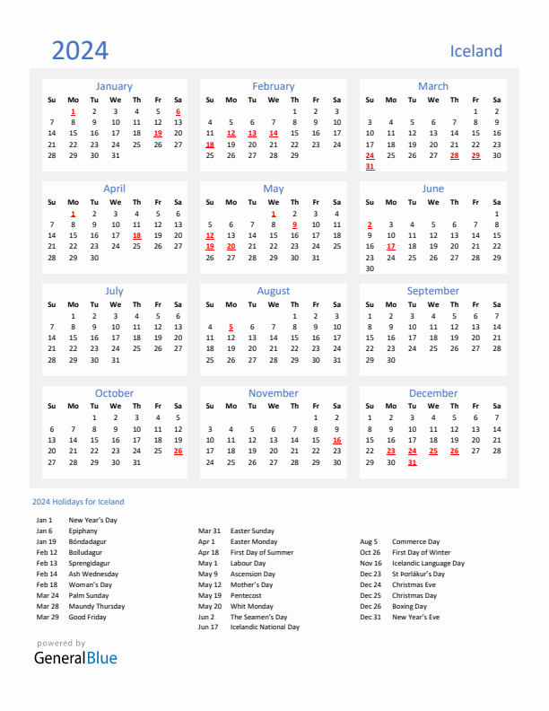 Basic Yearly Calendar with Holidays in Iceland for 2024 