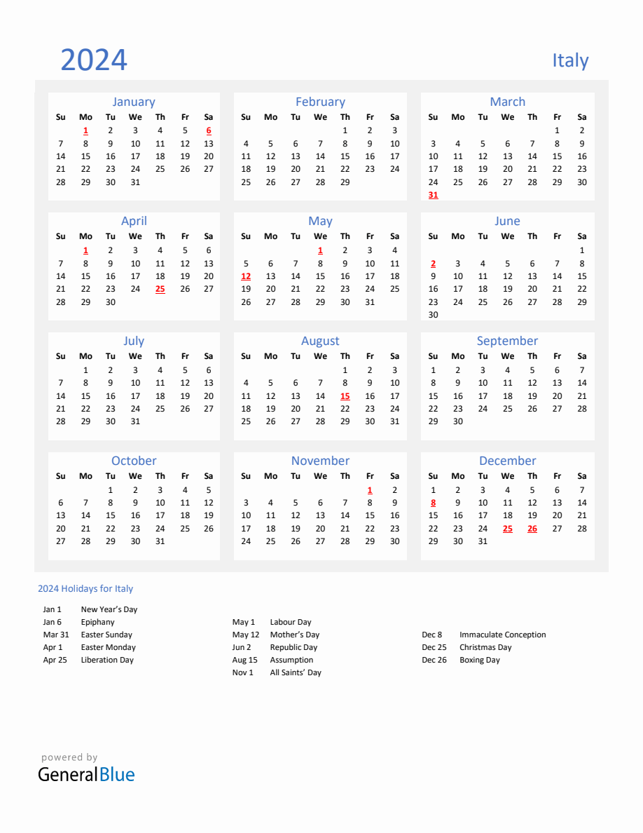 Basic Yearly Calendar with Holidays in Italy for 2024