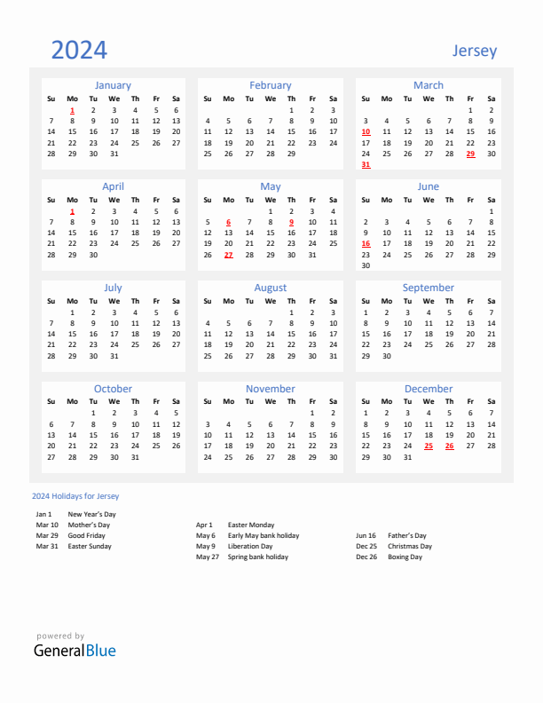 Basic Yearly Calendar with Holidays in Jersey for 2024 