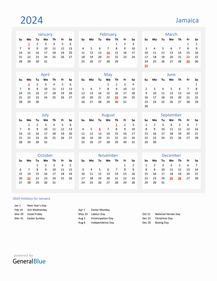 Basic Yearly Calendar with Holidays in Jamaica for 2024