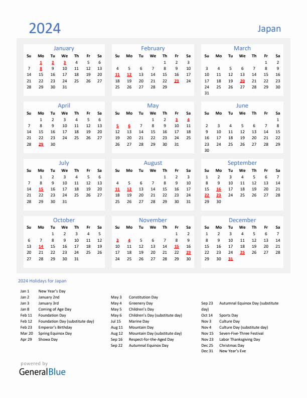 Basic Yearly Calendar with Holidays in Japan for 2024 