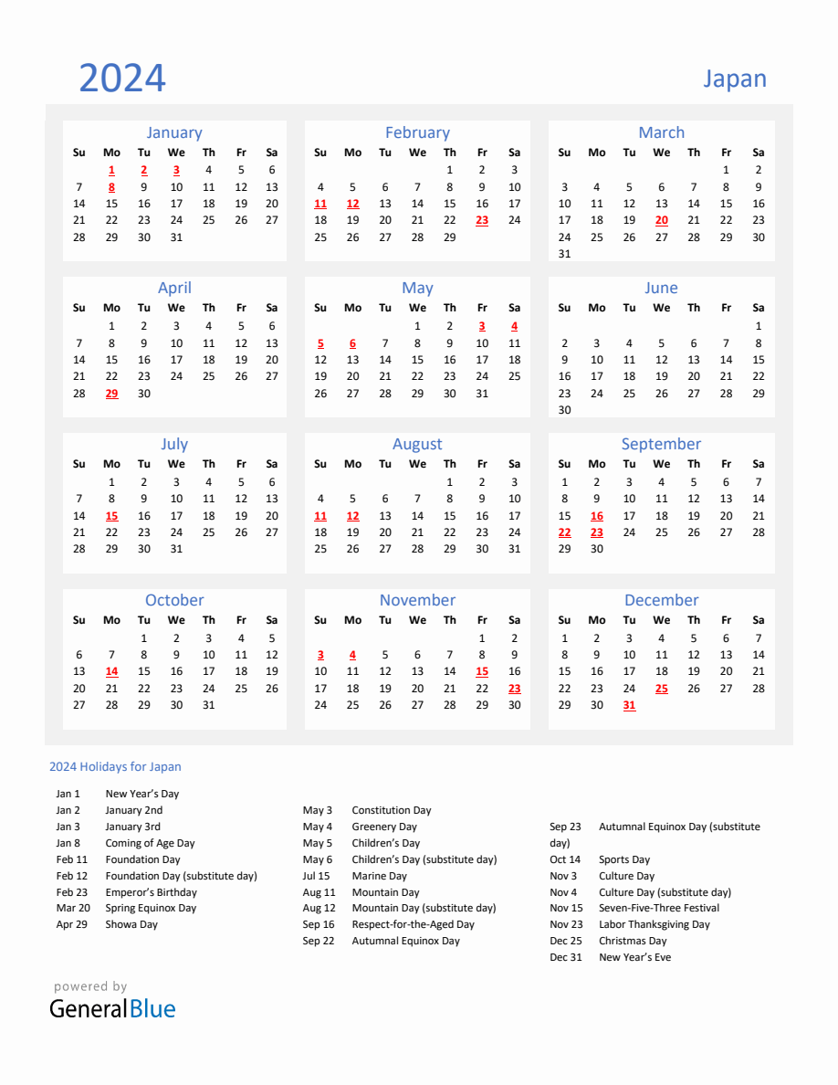 Basic Yearly Calendar with Holidays in Japan for 2024