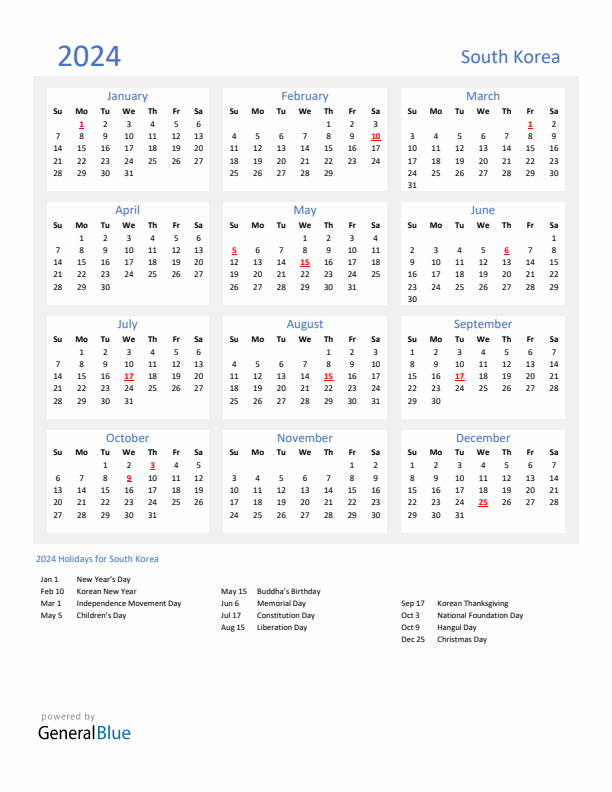 Basic Yearly Calendar with Holidays in South Korea for 2024 