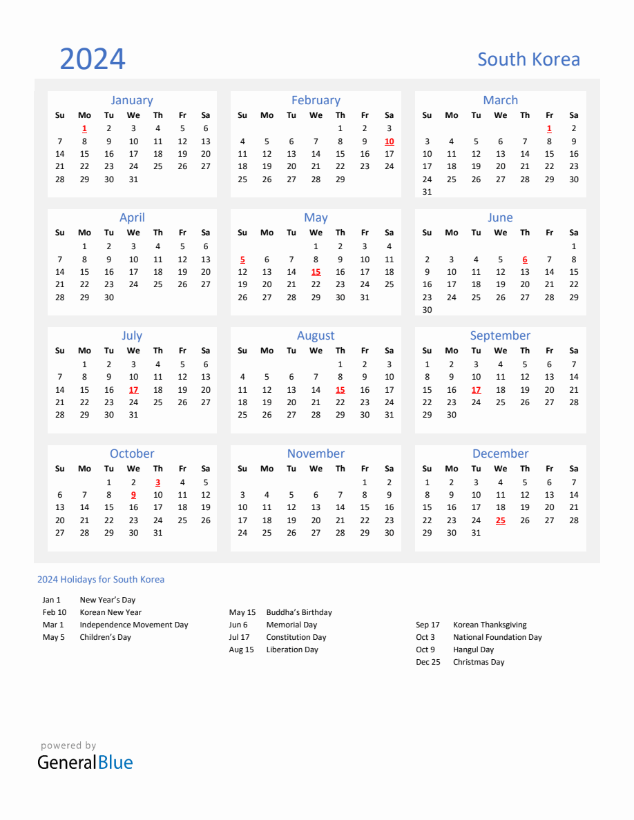 Basic Yearly Calendar with Holidays in South Korea for 2024